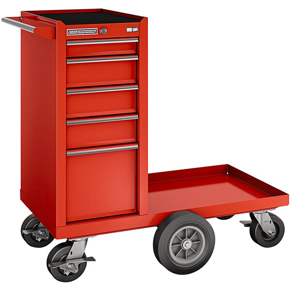 A red Champion Tool Storage maintenance cart with four drawers and four wheels.
