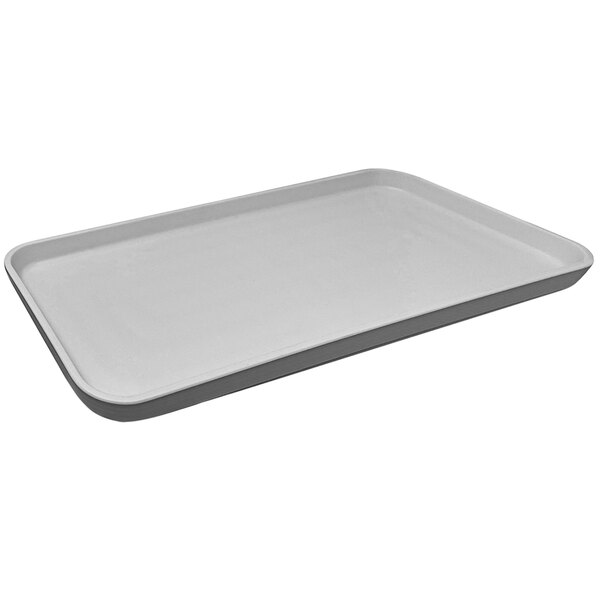 A white rectangular tray with a gray border.