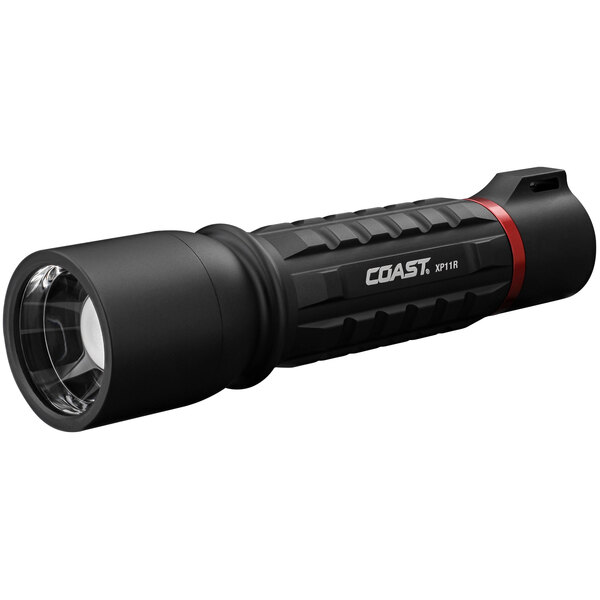 A black Coast XP11R rechargeable flashlight with white text and a red band.