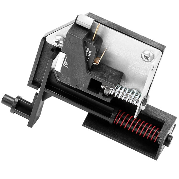 A black and silver primary switch assembly for an Amana microwave with a spring.