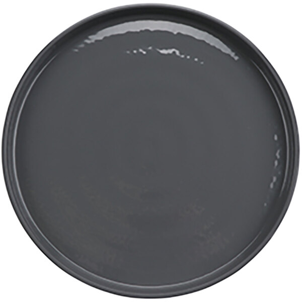 A grey plate with a black rim on a white background.