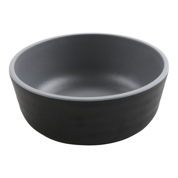 A black bowl with a grey rim on a white background.
