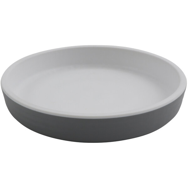 A gray melamine plate with a white rim.