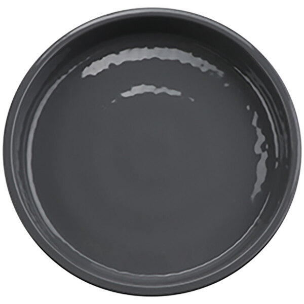 A grey GET Roca melamine plate on a white background.