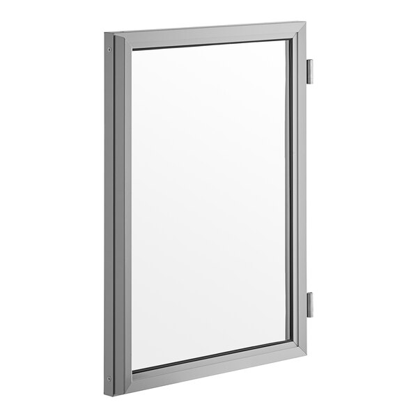A white metal Dutch door with a rectangular glass window.