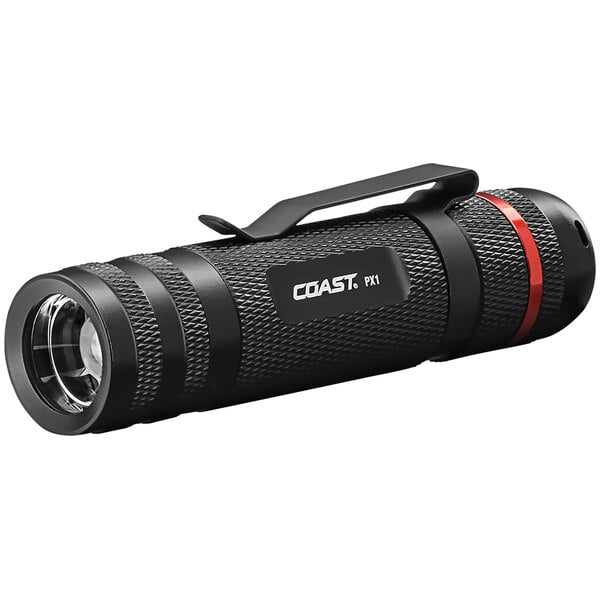 A black Coast flashlight with a red stripe and clip.