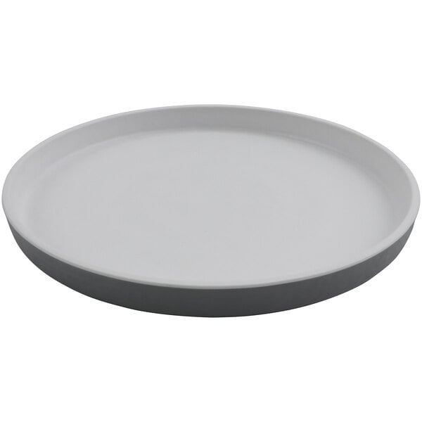 A gray melamine plate with a circular rim.