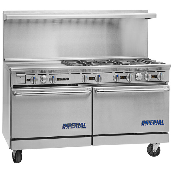 A stainless steel Imperial commercial gas range with 6 burners and a griddle.