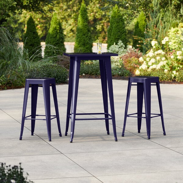 Lancaster Table & Seating Alloy Series 23 1/2" x 23 1/2" Sapphire Bar Height Outdoor Table with 2 Backless Barstools