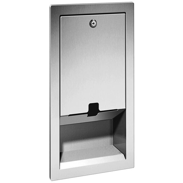 An American Specialties, Inc. stainless steel sanitary changing station liner dispenser with a door.