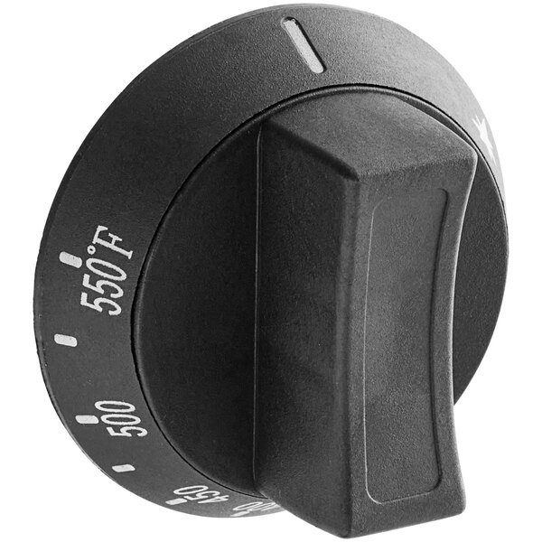 A black Main Street Equipment oven knob with white text.