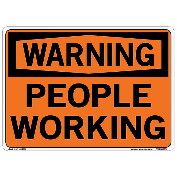 A close-up of a Vestil orange vinyl sign with black text that says "Warning People Working"