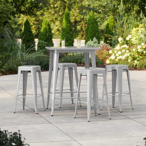 Lancaster Table & Seating Alloy Series 31 1/2" x 31 1/2" Silver Bar Height Outdoor Table with 4 Backless Barstools