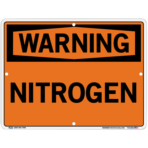 An orange and white Vestil aluminum sign with black text that says "Warning / Nitrogen"