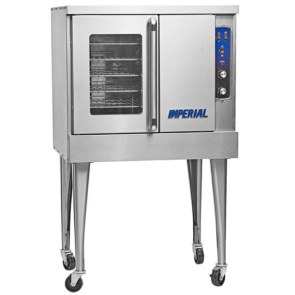 An Imperial Range stainless steel industrial convection oven with wheels.