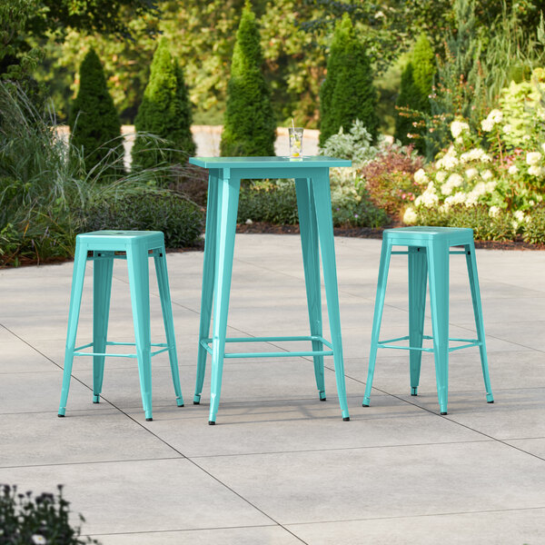 Lancaster Table & Seating Alloy Series 23 1/2" x 23 1/2" Aquamarine Bar Height Outdoor Table with 2 Backless Barstools