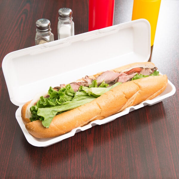 Genpak 26600 13" x 4 1/2" x 3" White Extra Large Hinged Lid Foam Hoagie / Sub Container - 200/Case