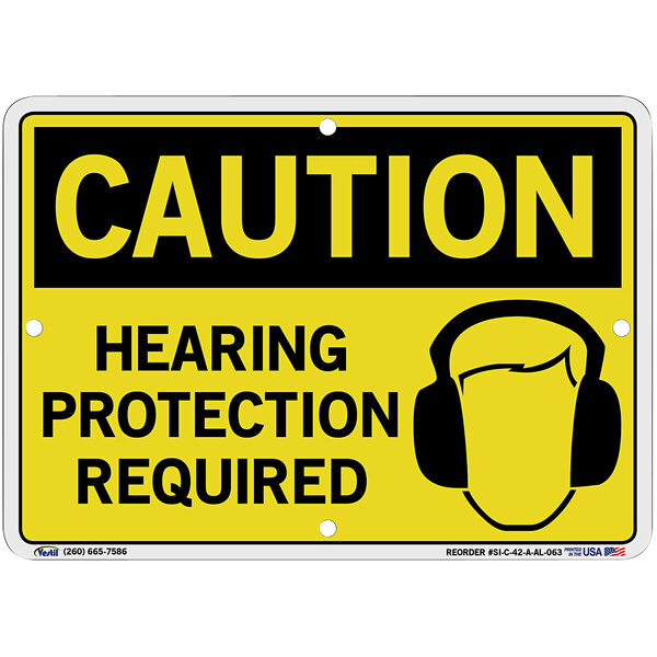 A yellow and black aluminum sign that says "Caution / Hearing Protection Required" by Vestil.