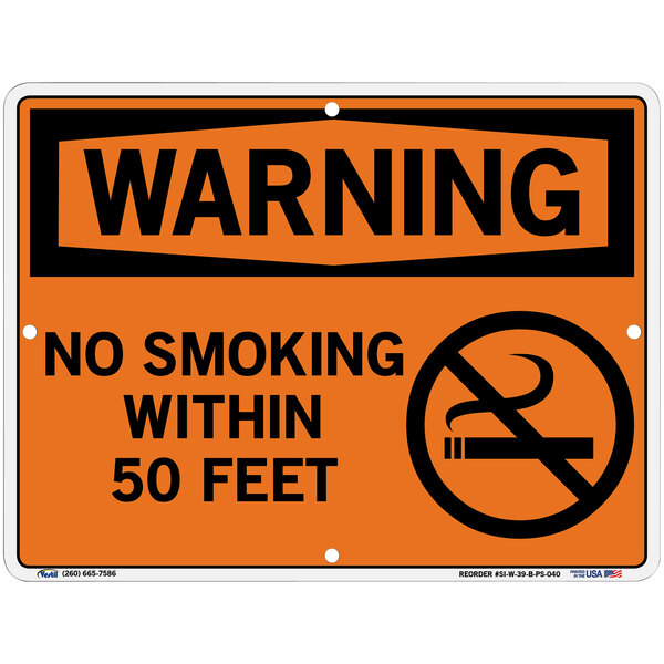 A white Vestil polystyrene sign with text reading "Warning No Smoking Within 50 Feet" and a circle with a line through it.