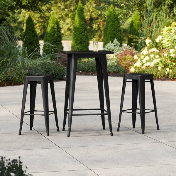 Lancaster Table & Seating Alloy Series 23 1/2" x 23 1/2" Onyx Black Bar Height Outdoor Table with 2 Backless Barstools