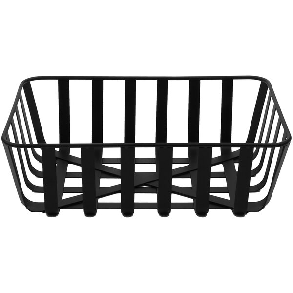 A black metal rectangular serving basket with cross-shaped handles.