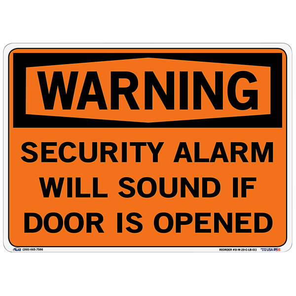 An orange and black Vestil vinyl warning sign with the words "Security Alarm Will Sound If Door Is Opened" in black text.