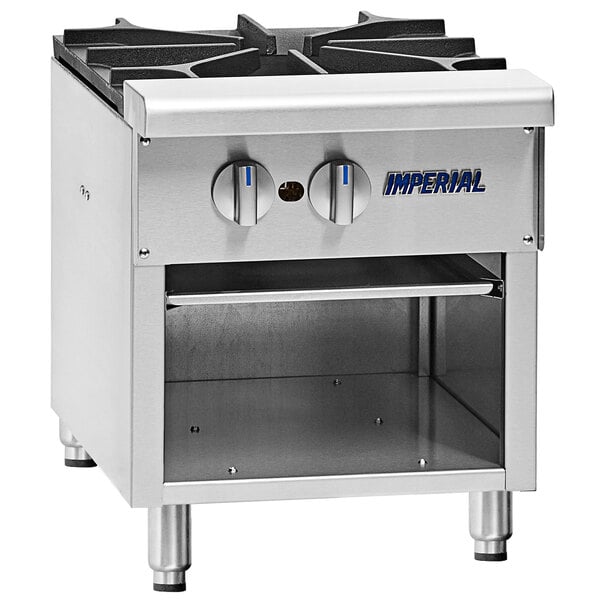 An Imperial stainless steel liquid propane stock pot range with 2 burners.