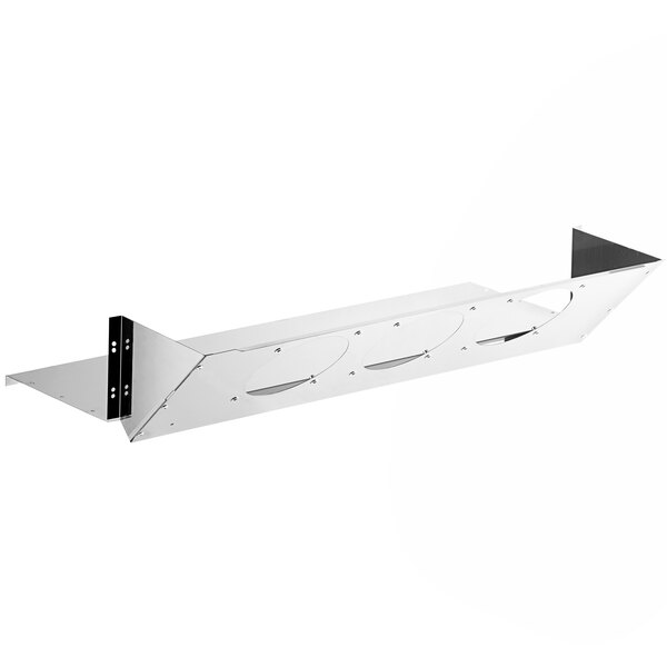 A white rectangular metal shelf with holes.