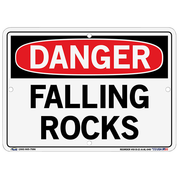 A white Vestil aluminum warehouse sign with red and black text that says "Danger / Falling Rocks"