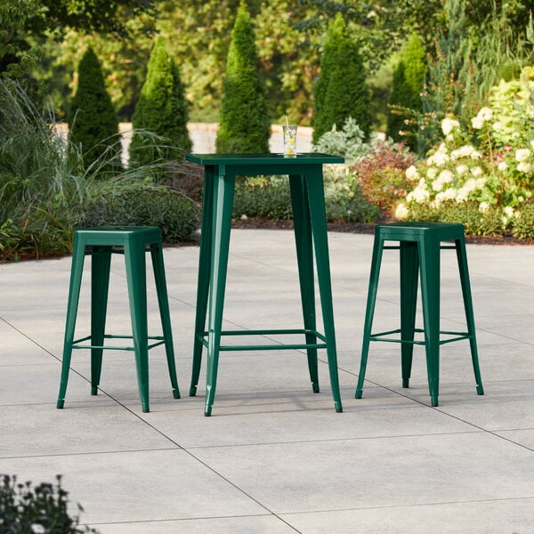Lancaster Table & Seating Alloy Series 23 1/2" x 23 1/2" Emerald Bar Height Outdoor Table with 2 Backless Barstools