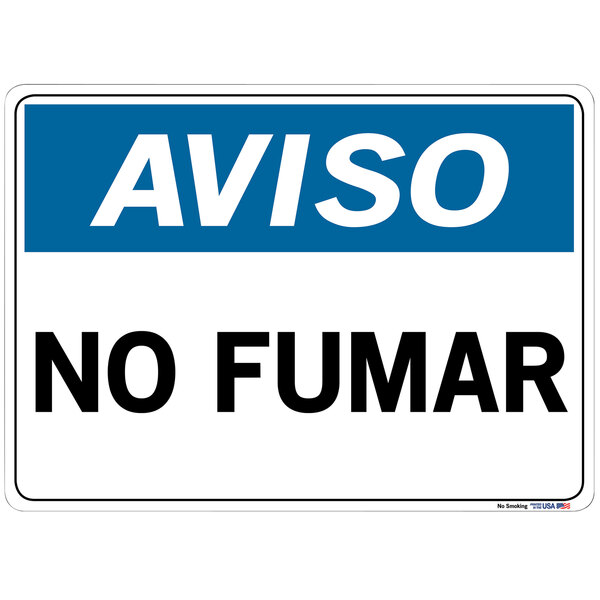 A blue and white Vestil vinyl safety sign with Spanish text that says "Aviso / No Fumar" and English text that says "Notice / No Smoking"
