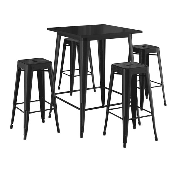 Lancaster Table & Seating Alloy Series 31 1/2" x 31 1/2" Black Bar Height Outdoor Table with 4 Backless Barstools