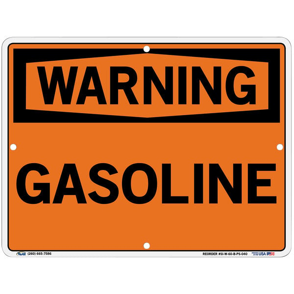 An orange and white Vestil polystyrene sign with the words "Warning / Gasoline" in white.