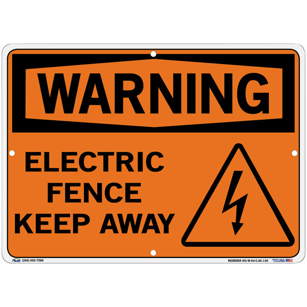 An orange and white sign with the words "Warning / Electric Fence / Keep Away" in orange and black.