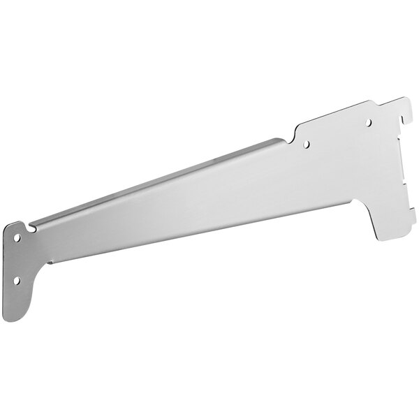 A silver metal shelf bracket with a long metal blade and holes.