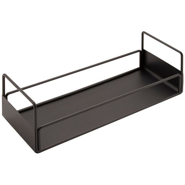 A gunmetal triple wire condiment holder with two handles.
