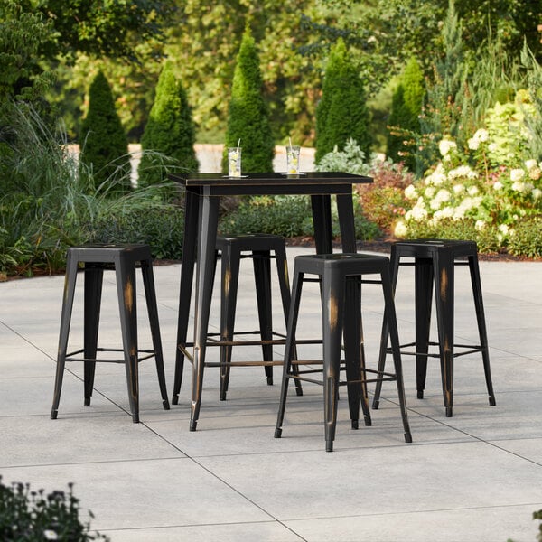 Lancaster Table & Seating Alloy Series 31 1/2" x 31 1/2" Distressed Copper Bar Height Outdoor Table with 4 Backless Barstools