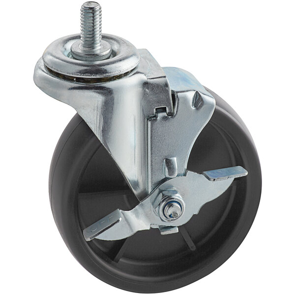 An Avantco black stem caster with a metal wheel and a metal screw.