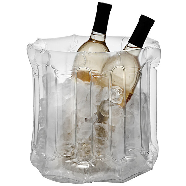A Franmara inflatable wine bucket holding two bottles of wine on a table.