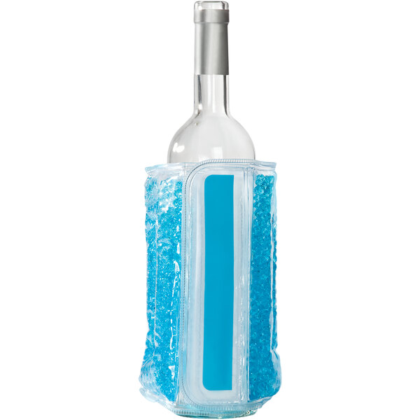 A clear bottle of wine in a Franmara blue gel bead cooler.