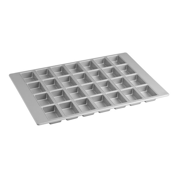 A 28-compartment glazed aluminized steel mini bread pan with rectangular cavities.