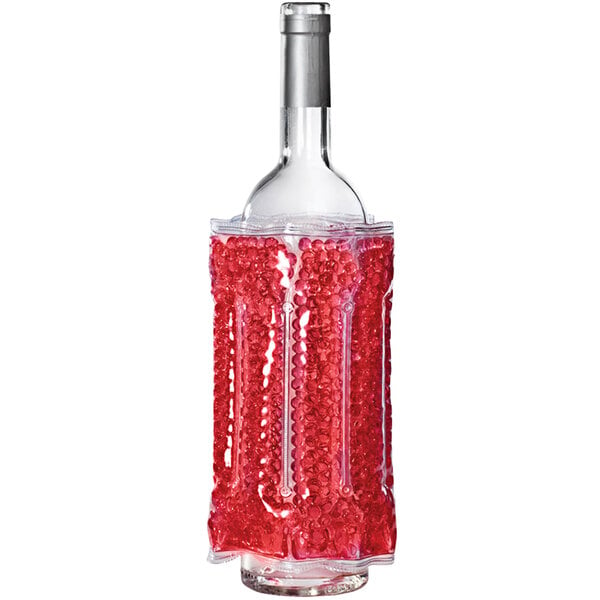 A Franmara red gel bead bottle cooler on a bottle of red wine.