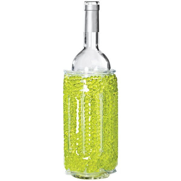 A Franmara bottle cooler with green gel beads and a bottle of wine with a green lid.