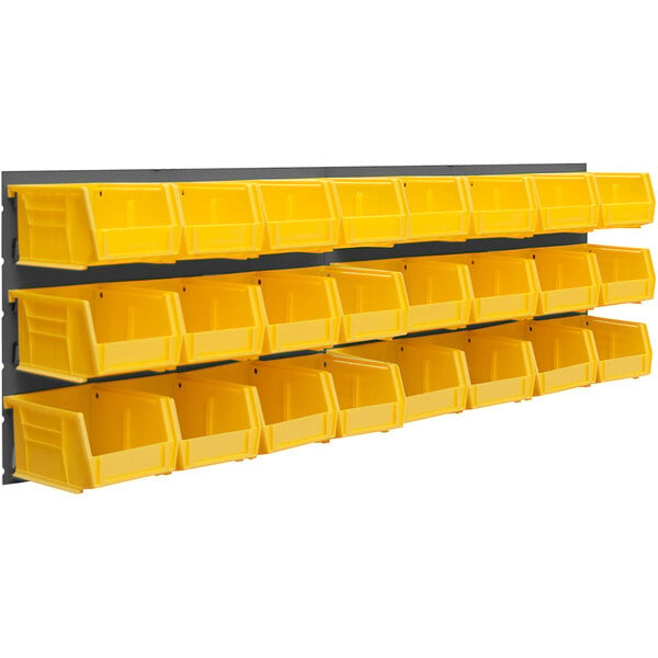 A Durham gray steel louvered panel with yellow bins.