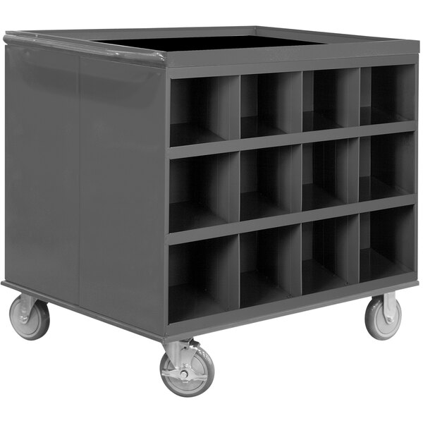 A gray Durham Mfg double-sided stock cart with black metal shelves and wheels.