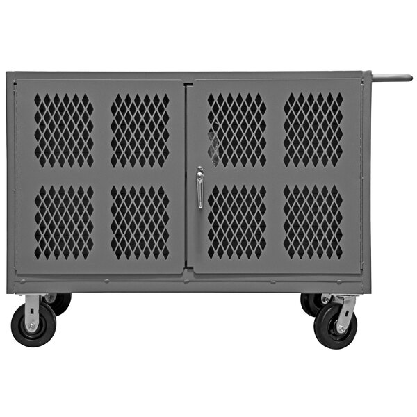 A grey metal Durham maintenance cart with wheels.