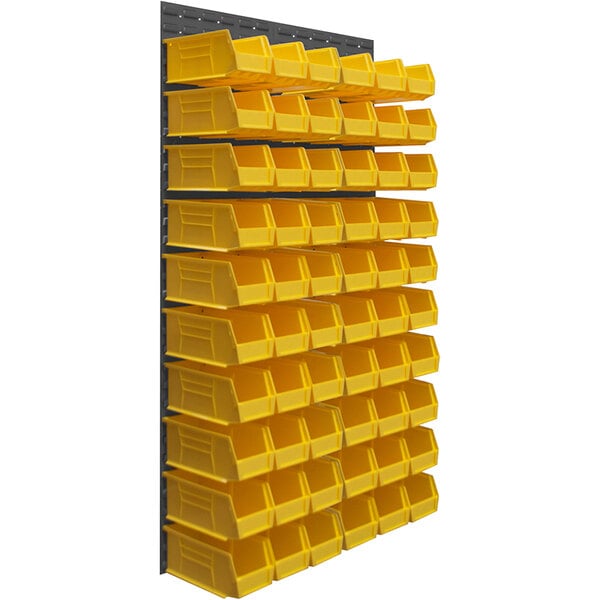 A Durham gray steel louvered panel rack with yellow bins on a wall.