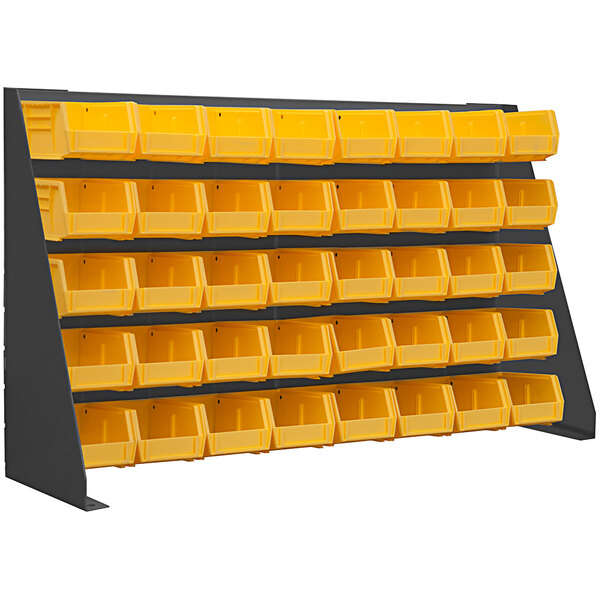 A gray steel rack with yellow plastic bins on it.