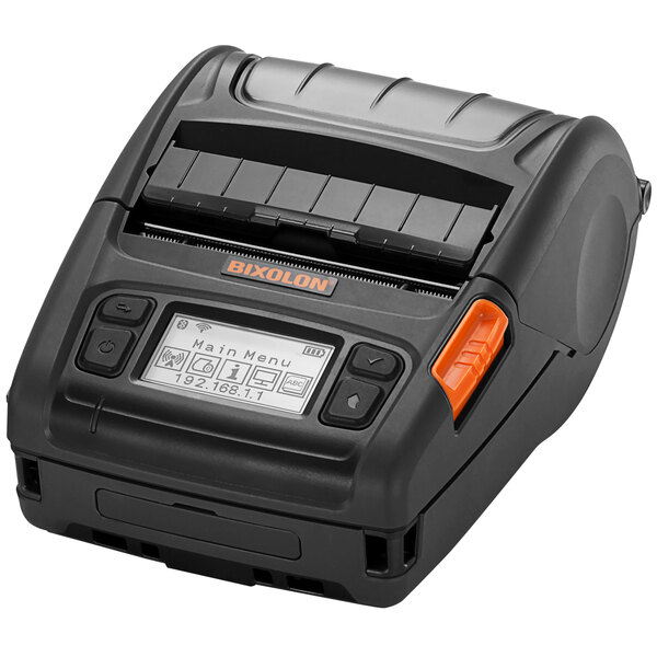 A black and grey Bixolon 3" mobile label printer with a white label.