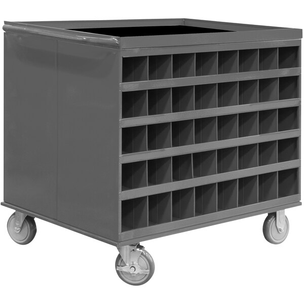 A large gray metal Durham stock cart with shelves and wheels.